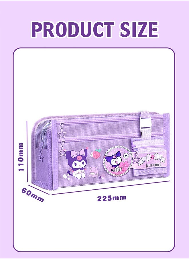 Sanrio Large Capacity Pencil Case, 5 Compartment Pouch Pen Bag with Zip,  Kawaii Stationery  Storage Organizer with  Pen Slots, Marker Pouch Pen for Middle School Office College  (Purple)  - Image 3