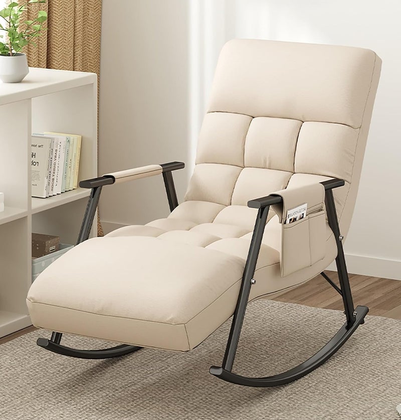 Yuwell Adjustable Rocking Lounge Chair Metal Frame with Armrests & Side Storage Bag, Upholstered Reclining Lazy Chair for Indoor Outdoor Use, High Back Padded Lounger Sofa for Bedroom, Balcony, Garden, Patio & Camping Beige - Image 1
