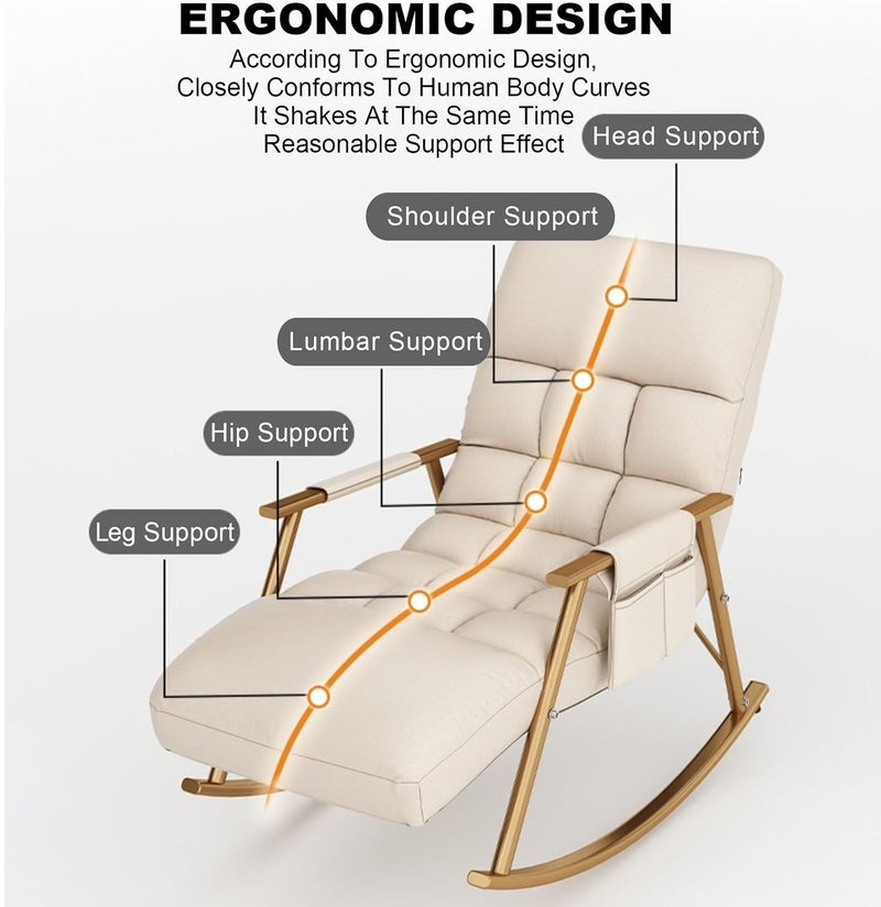 Yuwell Adjustable Rocking Lounge Chair Metal Frame with Armrests & Side Storage Bag, Upholstered Reclining Lazy Chair for Indoor Outdoor Use, High Back Padded Lounger Sofa for Bedroom, Balcony, Garden, Patio & Camping Beige - Image 3