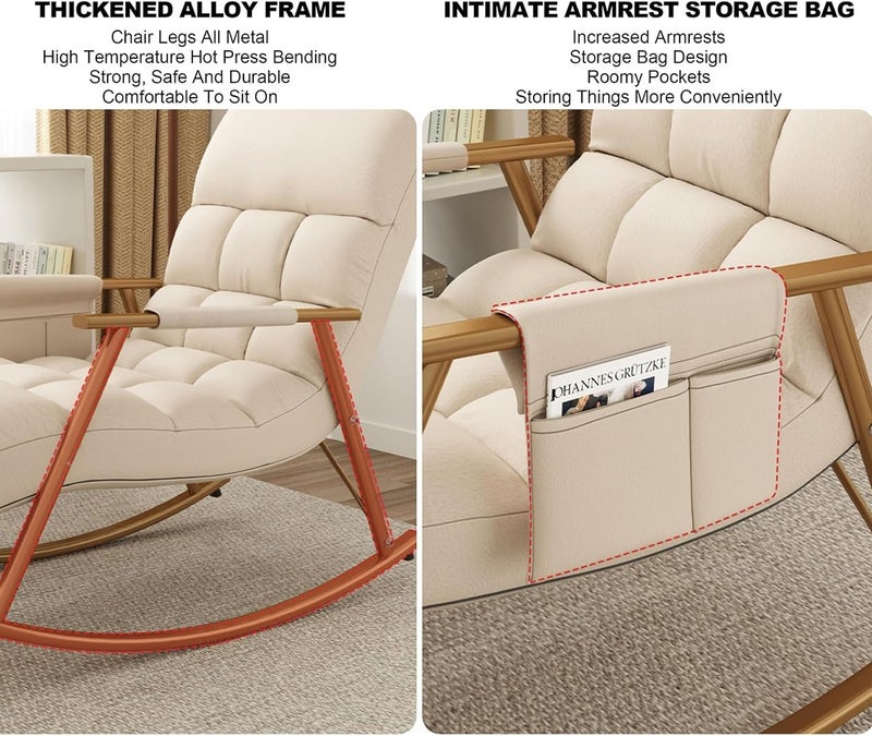 Yuwell Adjustable Rocking Lounge Chair Metal Frame with Armrests & Side Storage Bag, Upholstered Reclining Lazy Chair for Indoor Outdoor Use, High Back Padded Lounger Sofa for Bedroom, Balcony, Garden, Patio & Camping Beige - Image 4
