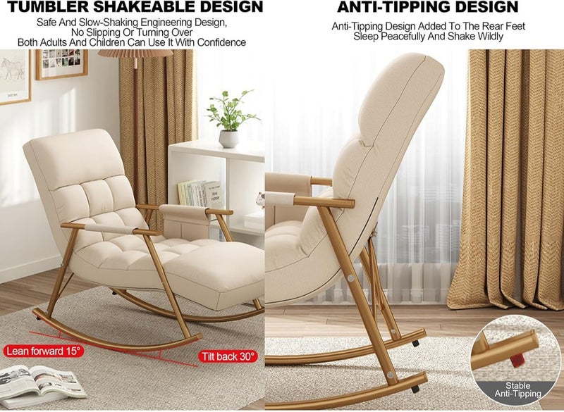 Yuwell Adjustable Rocking Lounge Chair Metal Frame with Armrests & Side Storage Bag, Upholstered Reclining Lazy Chair for Indoor Outdoor Use, High Back Padded Lounger Sofa for Bedroom, Balcony, Garden, Patio & Camping Beige - Image 5