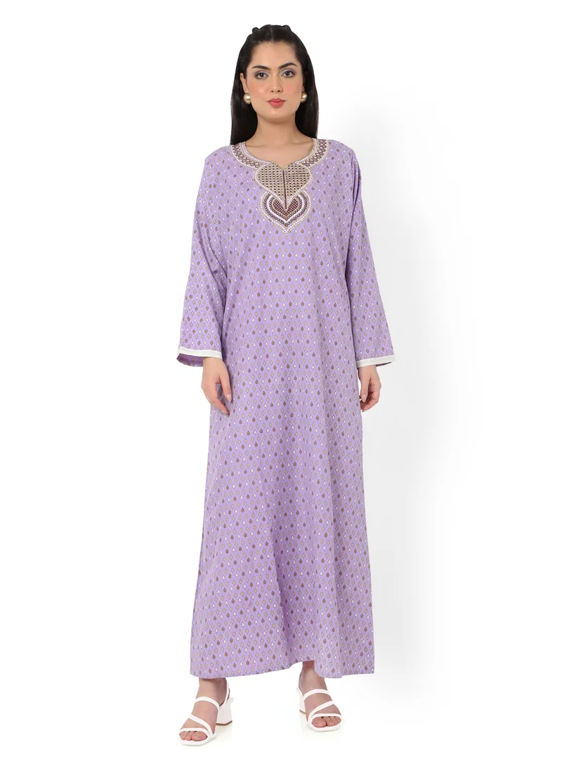 HANA & SARA ELEGANT EMBROIDERED AND PRINTED VIOLET COLOUR STYLISH ARABIC KAFTAN JALABIYA DRESS
