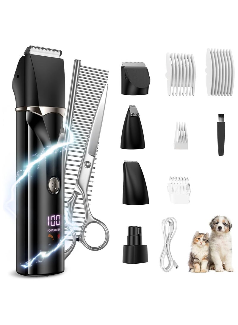 5-in-1 Pet Hair Trimmer Kit with Comb & Scissor – Low Noise Rechargeable Waterproof Clippers with 4 Blade Heads & 4 Limit Combs, Paw Trimmer, Nail Grinder & Shaver for Dogs & Cats, LED Display - Image 1