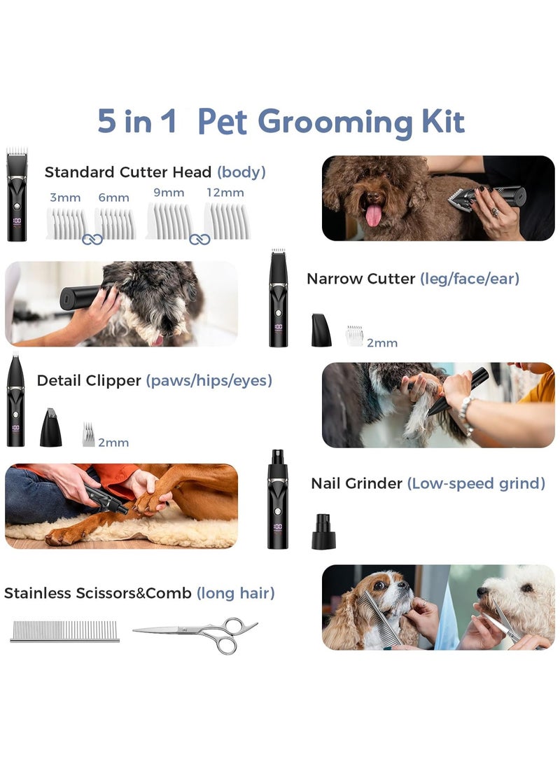 5-in-1 Pet Hair Trimmer Kit with Comb & Scissor – Low Noise Rechargeable Waterproof Clippers with 4 Blade Heads & 4 Limit Combs, Paw Trimmer, Nail Grinder & Shaver for Dogs & Cats, LED Display - Image 2