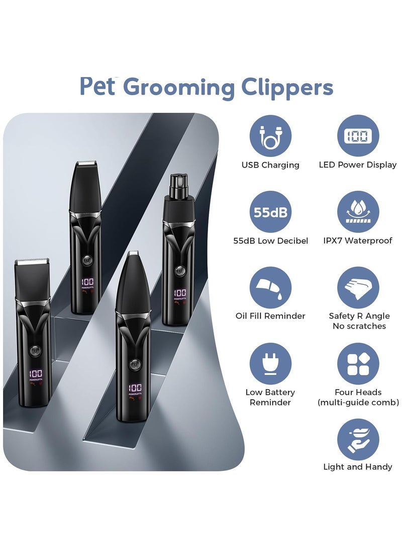 5-in-1 Pet Hair Trimmer Kit with Comb & Scissor – Low Noise Rechargeable Waterproof Clippers with 4 Blade Heads & 4 Limit Combs, Paw Trimmer, Nail Grinder & Shaver for Dogs & Cats, LED Display - Image 3