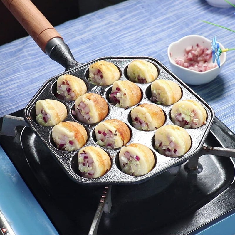 GABANIZ GABANIZ 14 Holes Takoyaki Maker Skillet Takoyaki Pan Nonstick Cast Iron Octopus Meat Balls Mold Maker with Detachable Handle for Home Pancake Baking  - Image 2