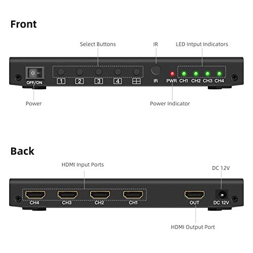 aoeyoo HDMI Multi-Viewer 4x1 Seamless Switcher with IR Remote Control and 6 Display Mode Supports HD 1080P for PS4 PC DVD - Image 2