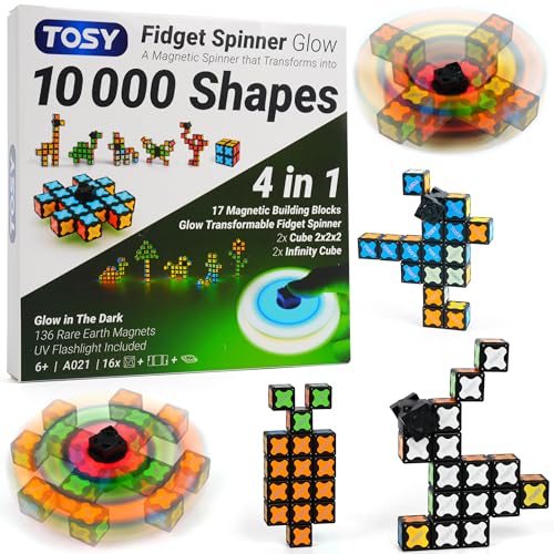 TOSY Magnet Fidget Spinner Glow 16 Blocks 3in1 Toy Transformable Fidget Spinner InfinityPuzzle Cube Easter Basket Stuffers Gift for KidsAdults Glowing STEM Sensory Stress Relief - Image 1