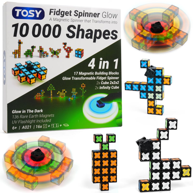 TOSY Magnet Fidget Spinner Glow 16 Blocks 3in1 Toy Transformable Fidget Spinner InfinityPuzzle Cube Easter Basket Stuffers Gift for KidsAdults Glowing STEM Sensory Stress Relief - Image 2