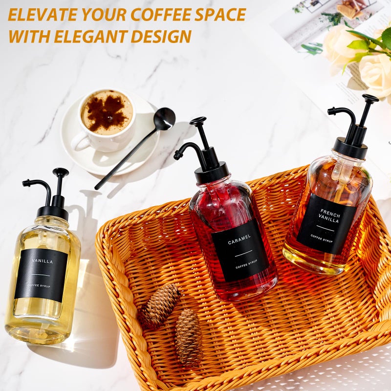 MUVEKA Coffee Syrup Dispenser for Bar, Glass Syrup Bottle with Pump, Coffee Pump Dispenser Bottle with Tray, Spoon for Station,16.9 oz, Black, 500 ml - Image 3
