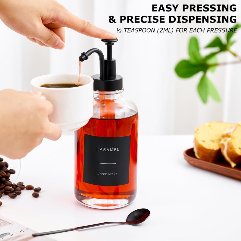 MUVEKA Coffee Syrup Dispenser for Bar, Glass Syrup Bottle with Pump, Coffee Pump Dispenser Bottle with Tray, Spoon for Station,16.9 oz, Black, 500 ml - Image 5