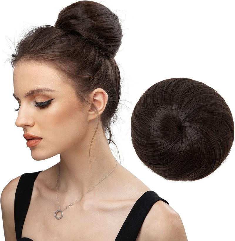 SARLA Hair Buns Extension Drawstring Updo Donut Chignon Straight Synthetic Round Fake Ballet Bun for Womens Lady Dark Brown