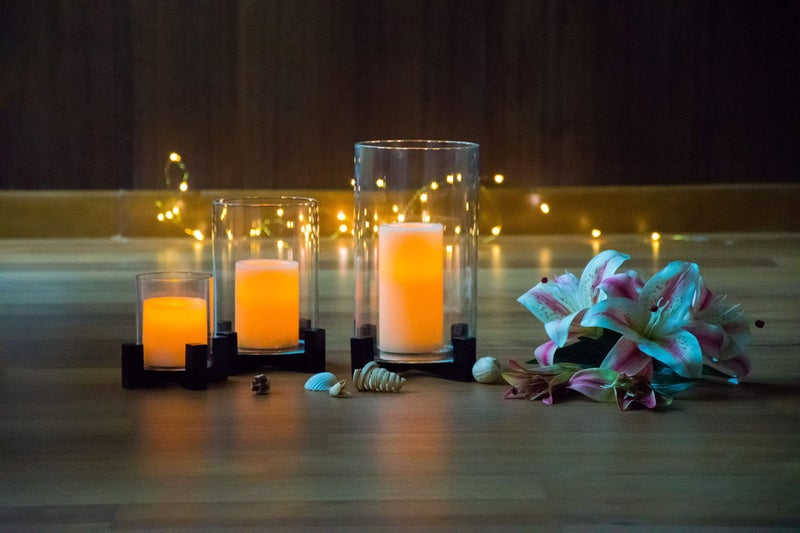 Labzio Elegant Candle Stand & Flower Vase with Wooden Base and Borosilicate 3.3 mm Glass Cylinder (Black, Medium) – Perfect Diwali & Christmas Home Decor, Festive Lighting & Decorative Piece - Image 1