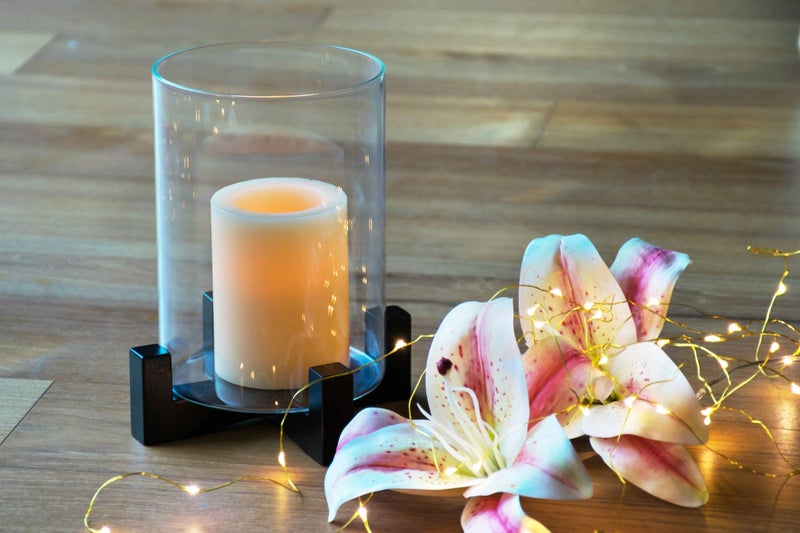 Labzio Elegant Candle Stand & Flower Vase with Wooden Base and Borosilicate 3.3 mm Glass Cylinder (Black, Medium) – Perfect Diwali & Christmas Home Decor, Festive Lighting & Decorative Piece - Image 5