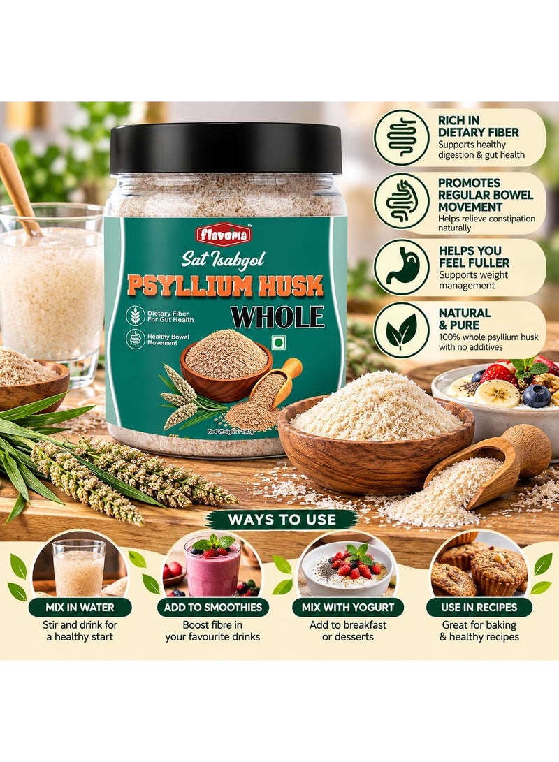 Flavoma Psyllium Husk Whole, 180gm [Sat Isabgol] | Natural Plant-Based Fiber Supplement | Non-GMO, Gluten-Free Bulk Husk for Smooth Digestive Support & Daily Wellness - Image 2
