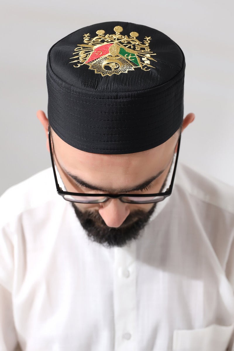 İhvan Ikhvan Black Quilted Ottoman Coat of Arms Embroidered Pattern Prayer Skull - Image 1