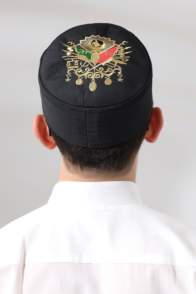 İhvan Ikhvan Black Quilted Ottoman Coat of Arms Embroidered Pattern Prayer Skull - Image 4