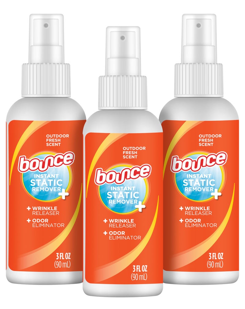 Bounce بخاخ بونس لمكافحة الكهرباء الساكنة، 3 في 1 بخاخ فوري لمكافحة الكهرباء الساكنة وإزالة التجاعيد، مزيل الروائح ومنعش الأقمشة، حجم السفر (3 أونصات، عبوة من 3) - Image 1