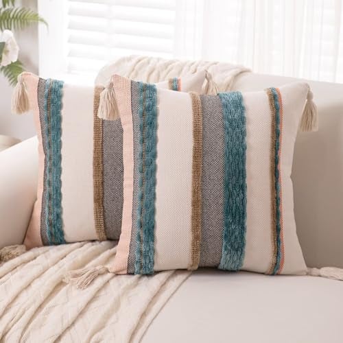 WANLIRD Boho Throw Pillow Covers 18x18 Set of 2 Woven Tufted Farmhouse Pillows Cover with Tassels Textured Striped Cushion Case Neutral Pillow Cases Decorative Pillowcase for Sofa Couch Bed,Blue - Image 1