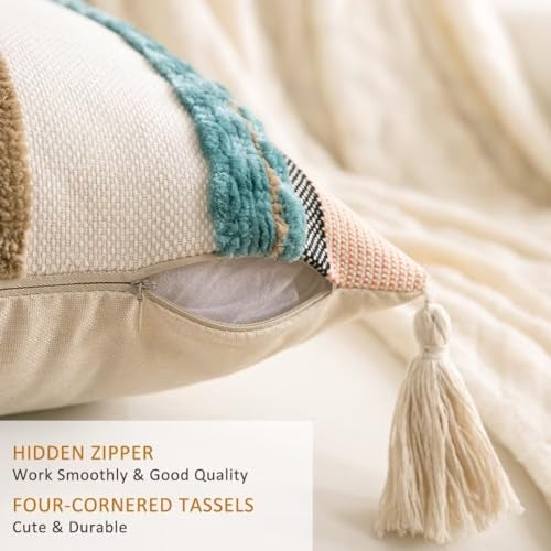 WANLIRD Boho Throw Pillow Covers 18x18 Set of 2 Woven Tufted Farmhouse Pillows Cover with Tassels Textured Striped Cushion Case Neutral Pillow Cases Decorative Pillowcase for Sofa Couch Bed,Blue - Image 3