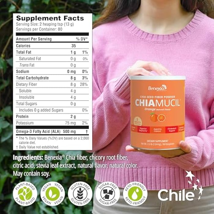 Chiamucil Prebiotic Fiber Supplement Powder – Chia Fiber & Chicory Root (Inulin) for Digestive Health & Appetite Control – Gluten & Sugar Free, Vegan, Non-GMO, Orange - 80 Servings - Image 5