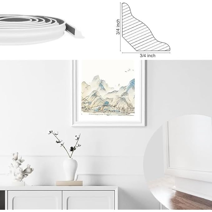 WALL MOLDING QUARTER ROUND DECOR - 3/4 INCH X 10 FT  WHITE - FLEXIBLE PEEL-AND-STICK WALL QUARTER ROUND DECOR - PVC CHAIR RAIL MOULDING - EASY DIY HOME DCOR - Image 3