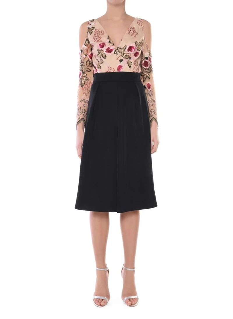 True Decadence Sylvie Raspberry-Black Embroidery Wide Leg Cold-Shoulder Jumpsuit
