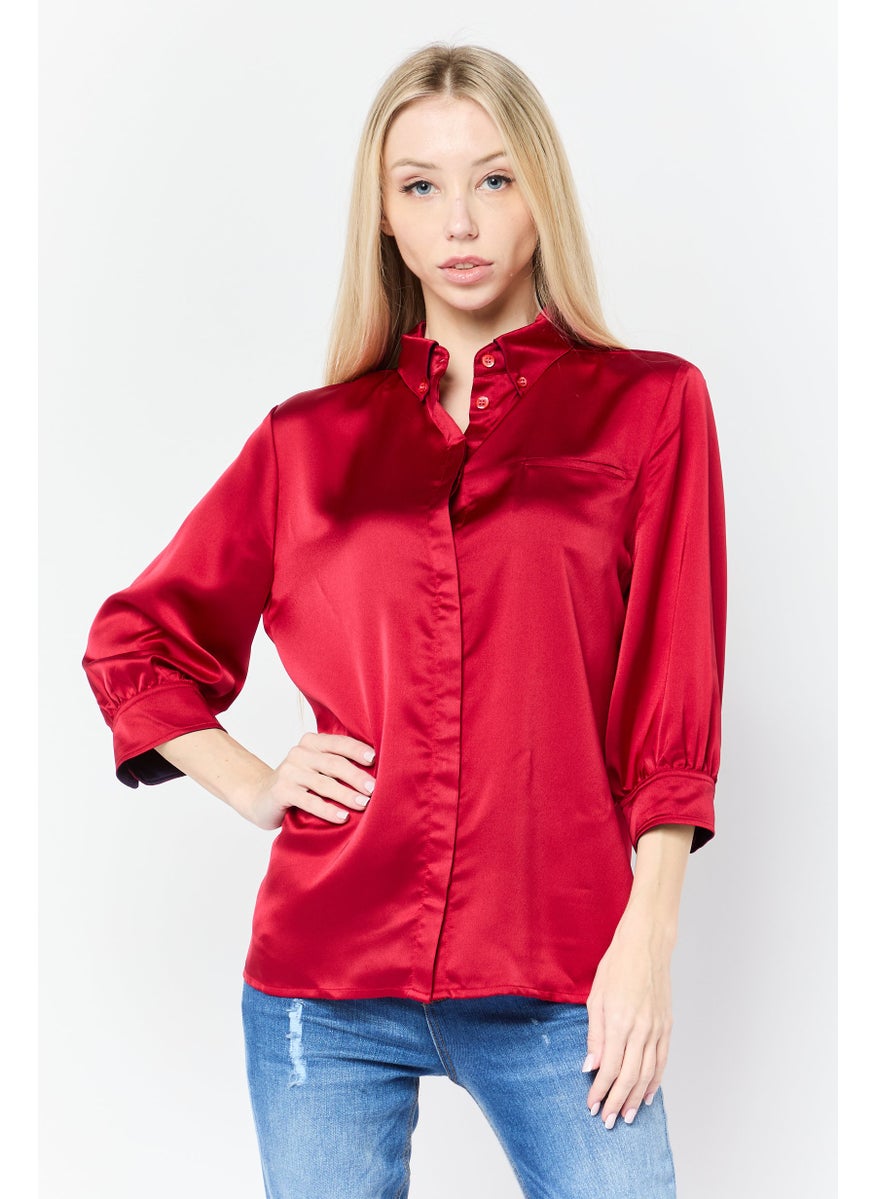 Harmont & Blaine - Women Spread Collar Long Sleeves Plain Blouse, Red - Image 1