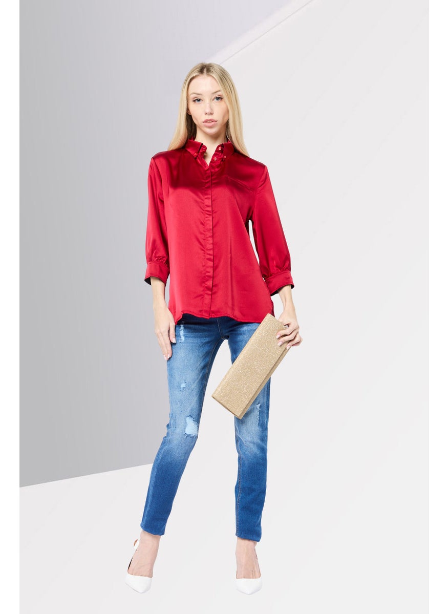 Harmont & Blaine - Women Spread Collar Long Sleeves Plain Blouse, Red - Image 1