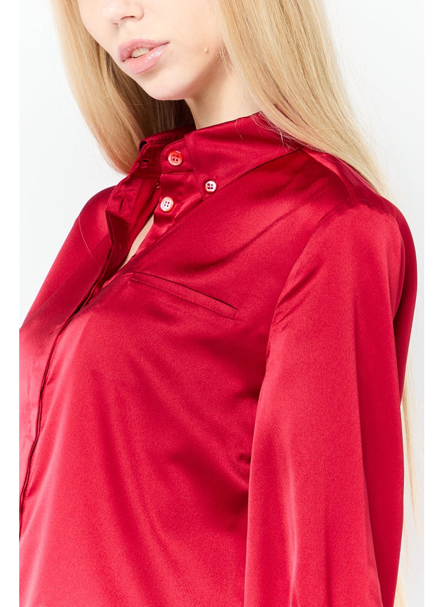 Harmont & Blaine - Women Spread Collar Long Sleeves Plain Blouse, Red - Image 1