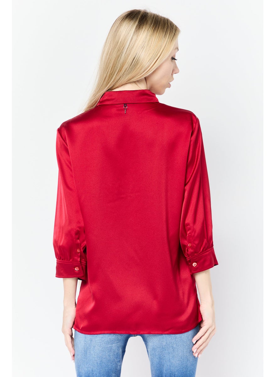 Harmont & Blaine - Women Spread Collar Long Sleeves Plain Blouse, Red - Image 1