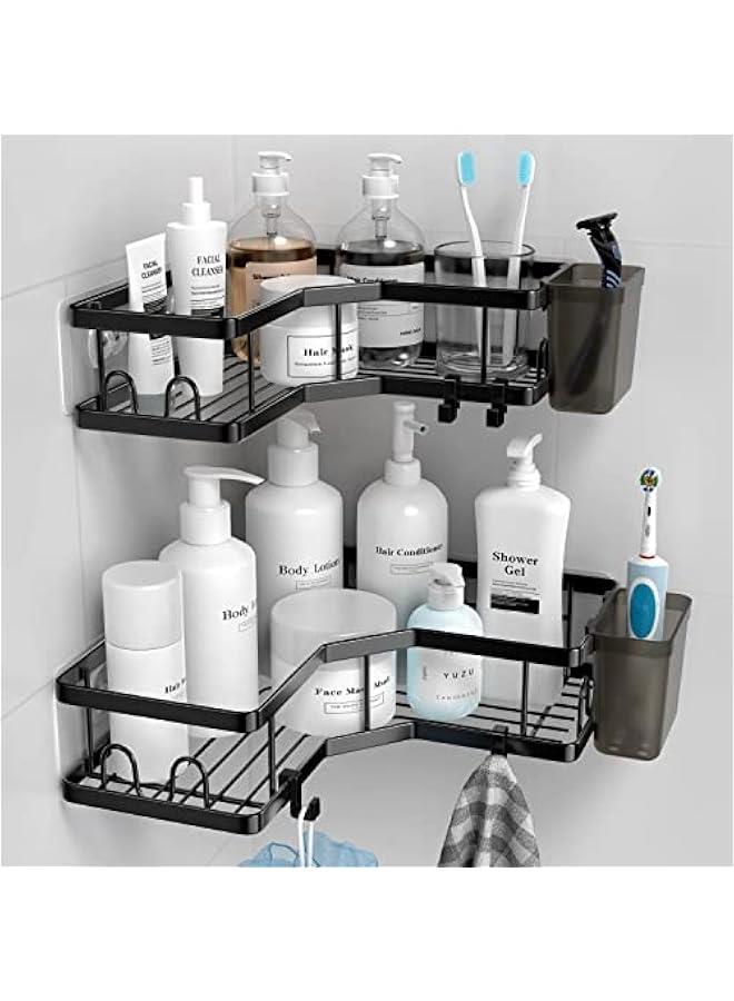 TRASSLE Corner Shower Caddy, 2 Pack Adhesive Shower Corner Organizer Shelves, No Drilling Stainless Steel Shower Storage Rack with Hooks&Toothpaste Holder for Bathroom, Dorm and Kitchen - Image 1