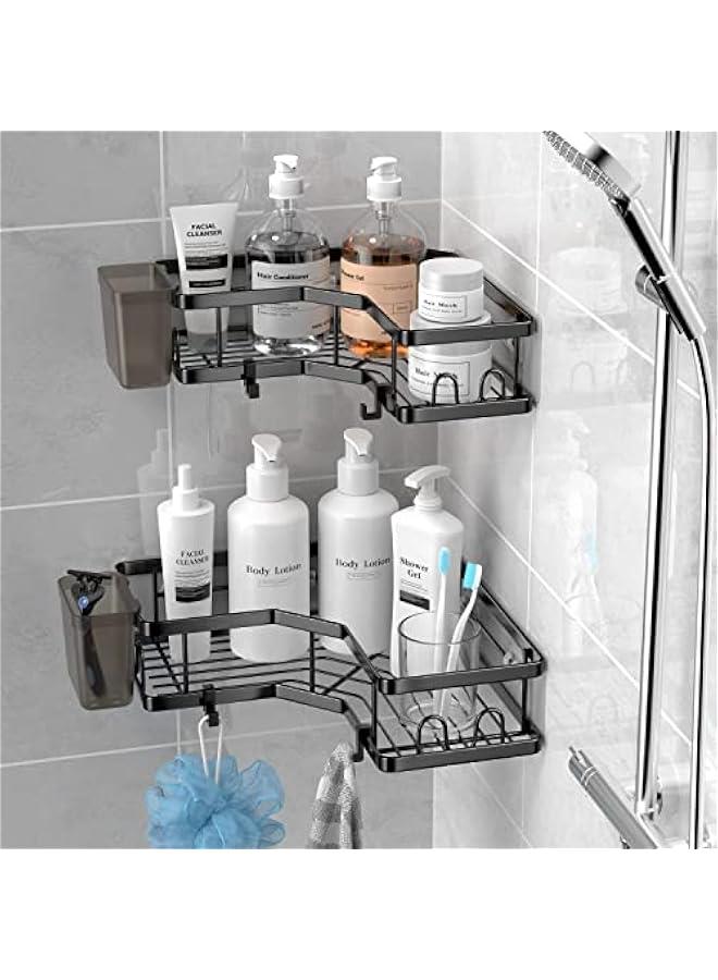 TRASSLE Corner Shower Caddy, 2 Pack Adhesive Shower Corner Organizer Shelves, No Drilling Stainless Steel Shower Storage Rack with Hooks&Toothpaste Holder for Bathroom, Dorm and Kitchen - Image 2