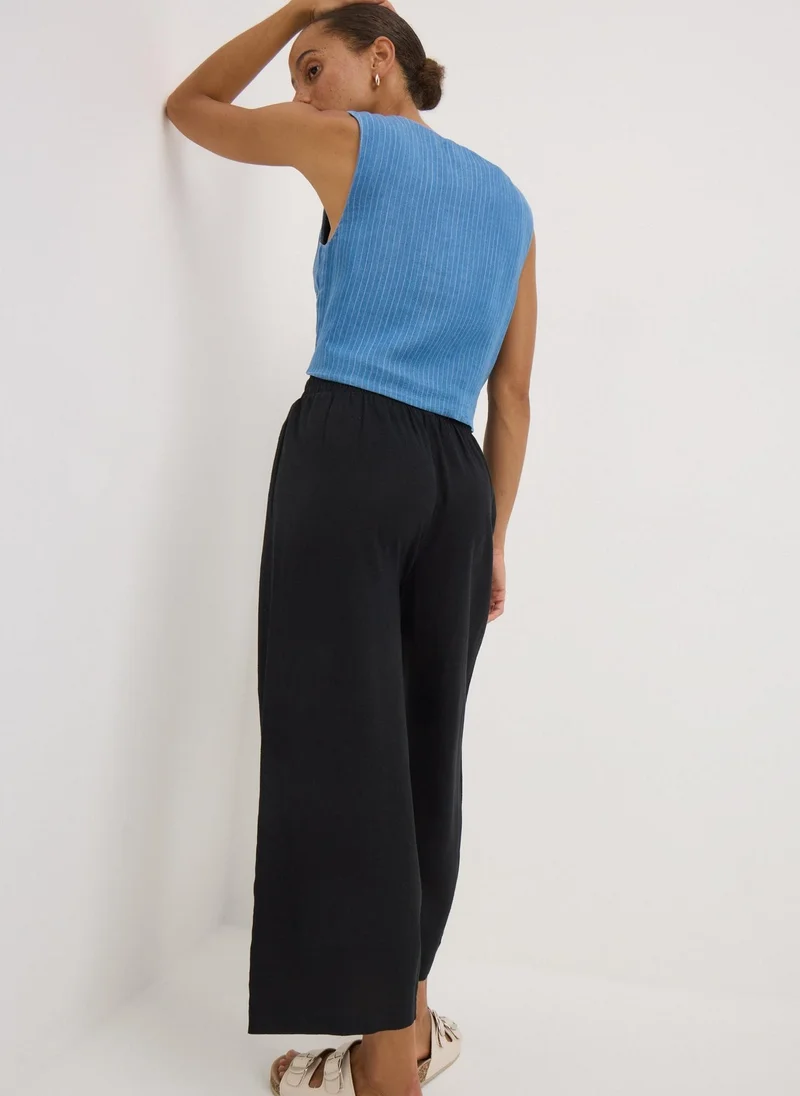 Matalan Black Wide Leg Cropped Linen Blend Trousers