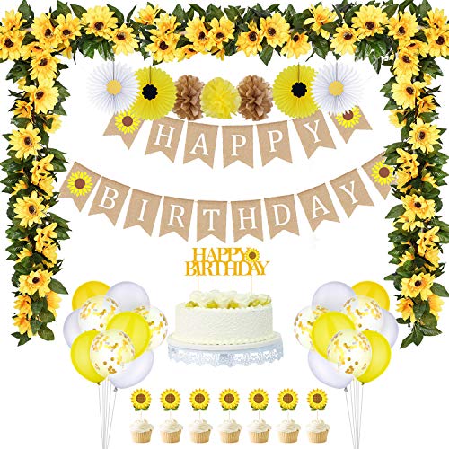 Sumind 33 Pieces Sunflower Party Supplies, Sunflower Happy Birthday Banner, Big Cake Topper, Yellow Sunflower Cupcake Topper, Sunflower Garland, Tissue Paper Fans, Paper Pom Poms, Colorful Balloon for Party - Image 1