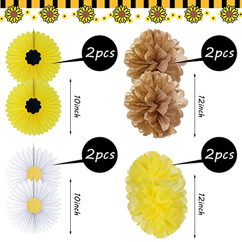 Sumind 33 Pieces Sunflower Party Supplies, Sunflower Happy Birthday Banner, Big Cake Topper, Yellow Sunflower Cupcake Topper, Sunflower Garland, Tissue Paper Fans, Paper Pom Poms, Colorful Balloon for Party - Image 5