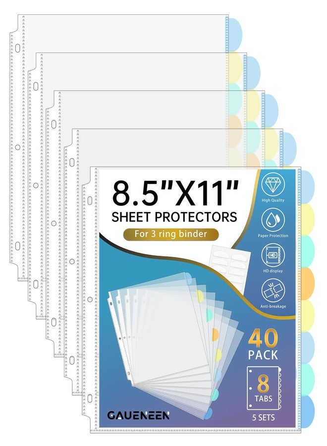 GAUENEEN 40 Pcs Clear Sheet Protectors with Tabs for 3 Ring Binder, Binder Dividers with 8 Tabs, Clear Plastic Notebook Page Dividers with Pockets, 5 Sets - Image 1