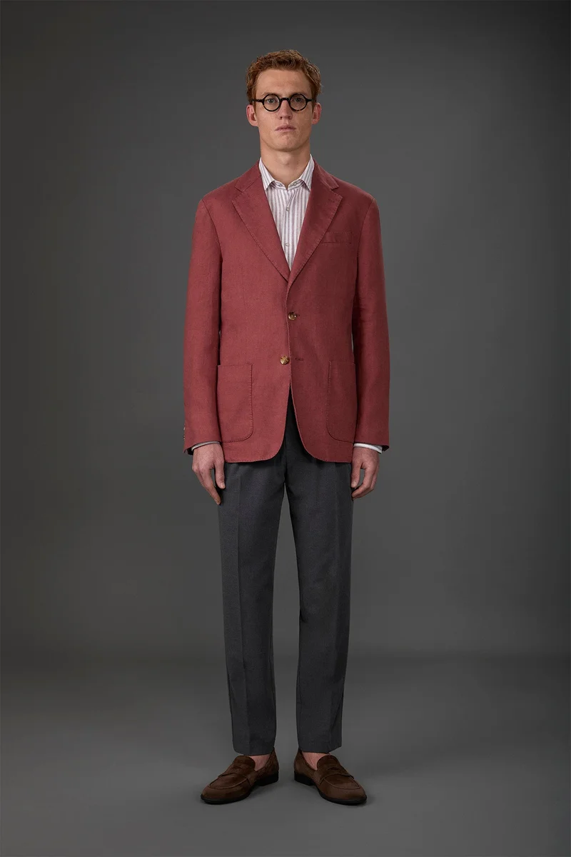 Men's unlined single-breasted jacket with classic lapels and patch pockets - Brick