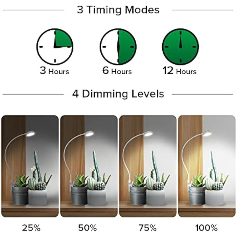 عربست سانسي مصابيح نمو للنباتات الداخلية، مصابيح LED بمشبك للزراعة الداخلية، طيف كامل، مصباح نبات مع 4 مستويات قابلة للتعتيم، تشغيل تلقائي، مؤقت 3 6 12 ساعة للنباتات العصارية والنباتات الصغيرة، ابيض، 5 - Image 5