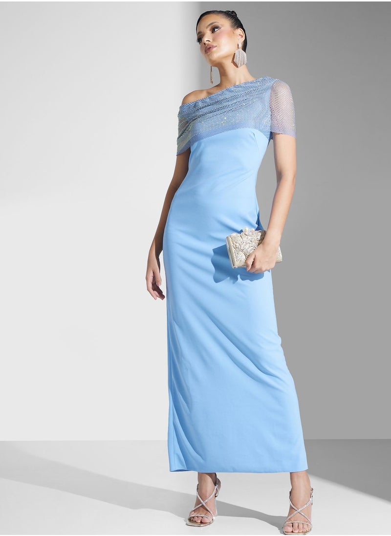Namshi x One Shoulder Shift Dress With Shimmer Neckline  - Image 1