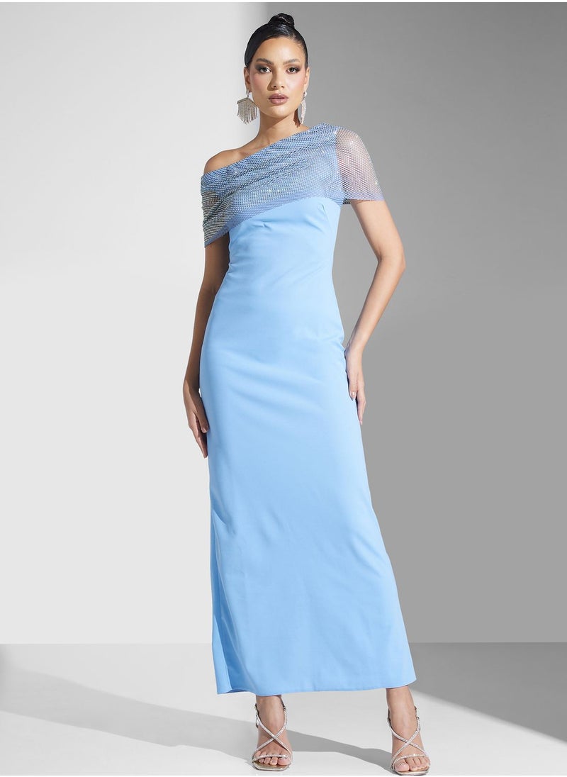Namshi x One Shoulder Shift Dress With Shimmer Neckline  - Image 5
