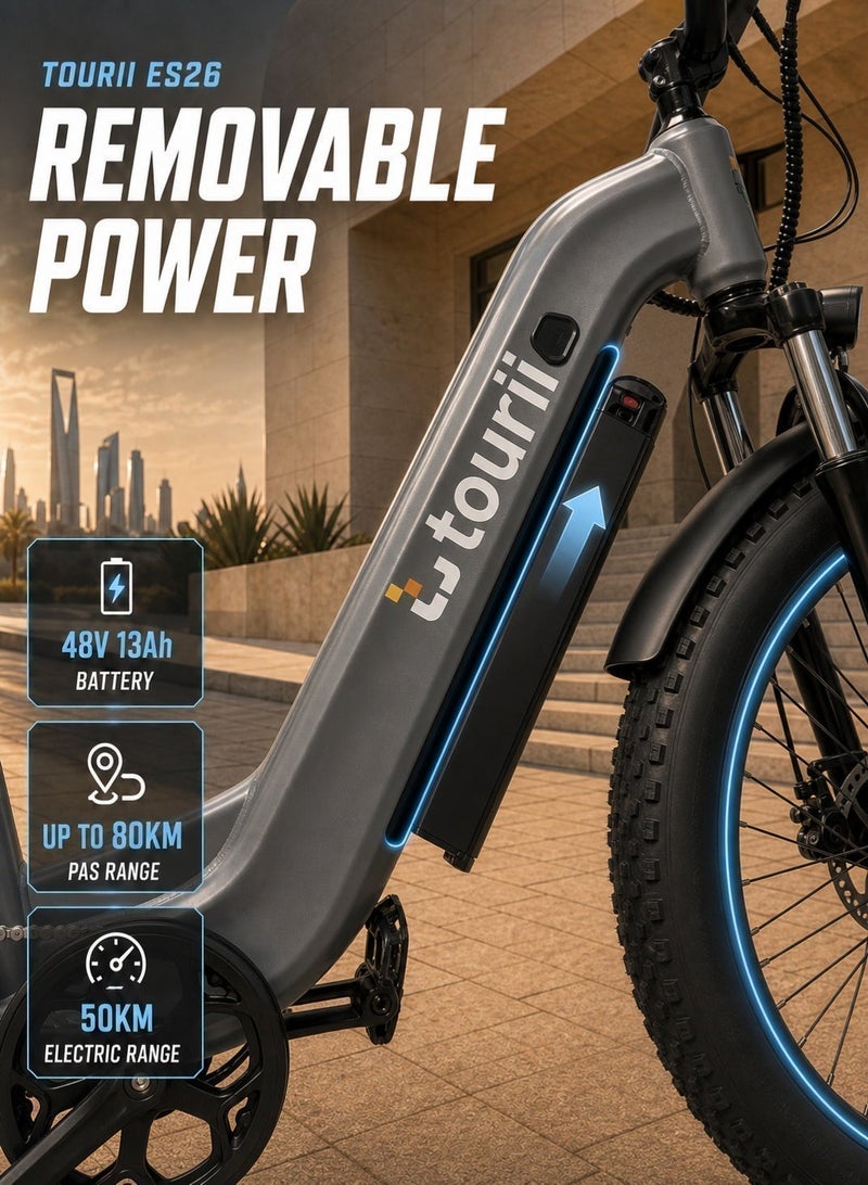 Tourii ES26 Electric Bike – 750W Brushless Motor, 26-Inch Wide Tire - Image 4