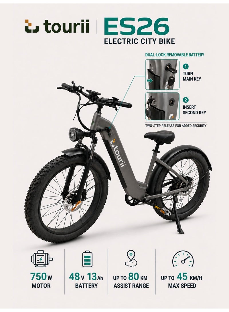 Tourii ES26 Electric Bike – 750W Brushless Motor, 26-Inch Wide Tire - Image 1