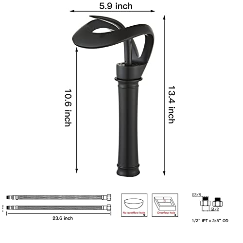 Chiczam Black Bathroom Vessel Faucet Round Waterfall Spout Single Handle One Hole Vanity Basin Sink Lavatory Brass Creative Hollowed Tall Body Design Farmhouse Deck Mount - Image 3