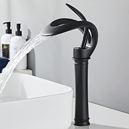 Chiczam Black Bathroom Vessel Faucet Round Waterfall Spout Single Handle One Hole Vanity Basin Sink Lavatory Brass Creative Hollowed Tall Body Design Farmhouse Deck Mount - Image 2