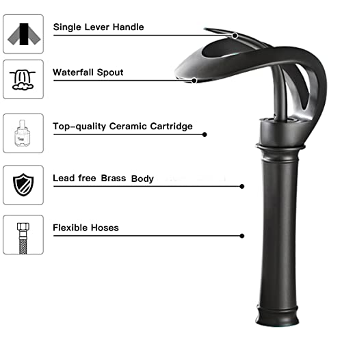 Chiczam Black Bathroom Vessel Faucet Round Waterfall Spout Single Handle One Hole Vanity Basin Sink Lavatory Brass Creative Hollowed Tall Body Design Farmhouse Deck Mount - Image 4