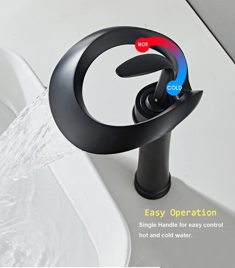 Chiczam Black Bathroom Vessel Faucet Round Waterfall Spout Single Handle One Hole Vanity Basin Sink Lavatory Brass Creative Hollowed Tall Body Design Farmhouse Deck Mount - Image 5