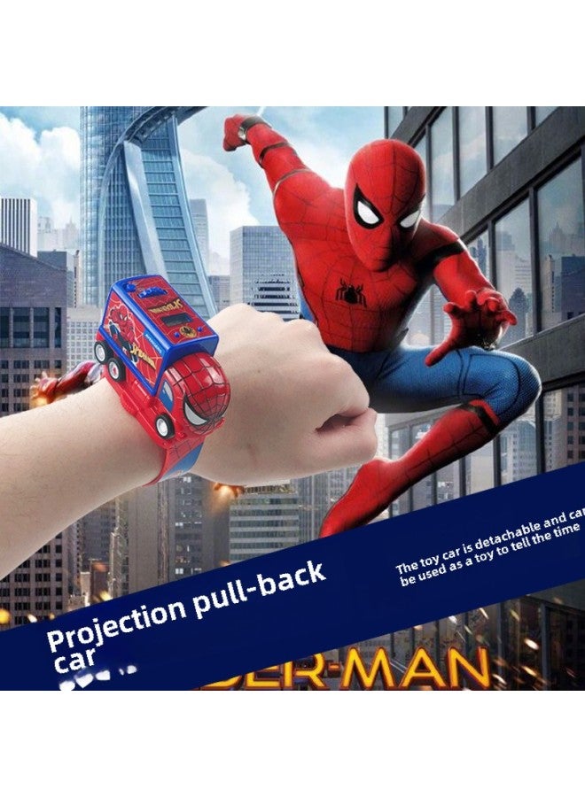 TikTok Car Projection Watch Children's Cartoon Small Toy Spiderman Kindergarten Creative Gift Mini Back Car-Color:8527 Mask [24 Picture Projection + Time Flip] - Image 2