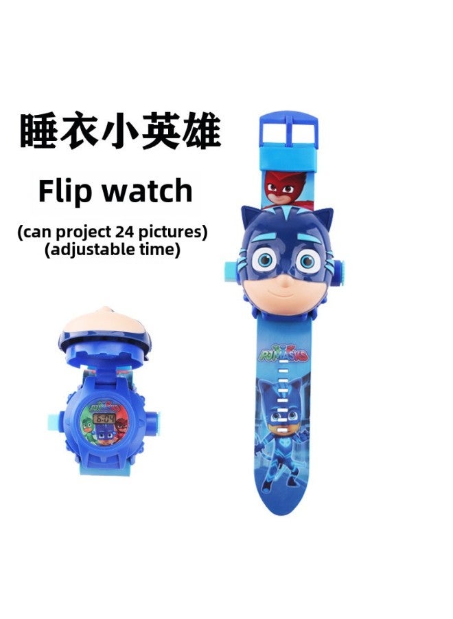 TikTok Car Projection Watch Children's Cartoon Small Toy Spiderman Kindergarten Creative Gift Mini Back Car-Color:8527 Mask [24 Picture Projection + Time Flip] - Image 1