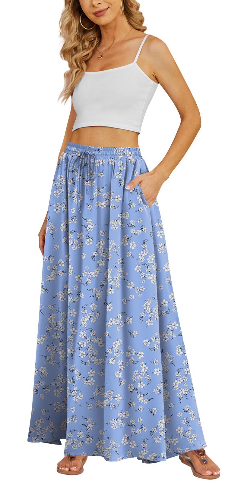 Yincro Women's Flowy Maxi Skirt Summer Pleated High Waisted Casual Long Skirts with Pockets (Blue White Flower, L) - Image 1